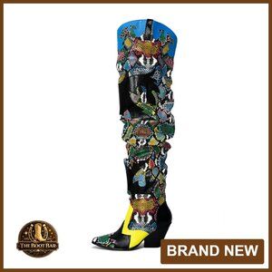 Thigh High Cowboy Boots Chunky Heel Slip Resistant Faux Snakeskin